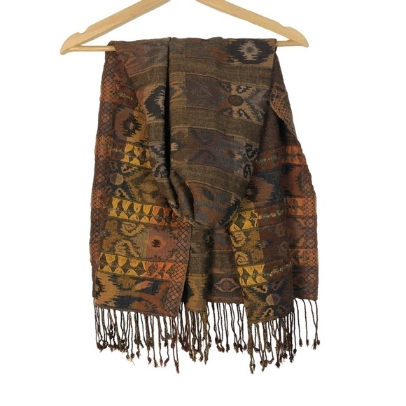 Free People Brown & Orange Tribal Print Rectangle Fringe Scarf - Picture 2 of 3